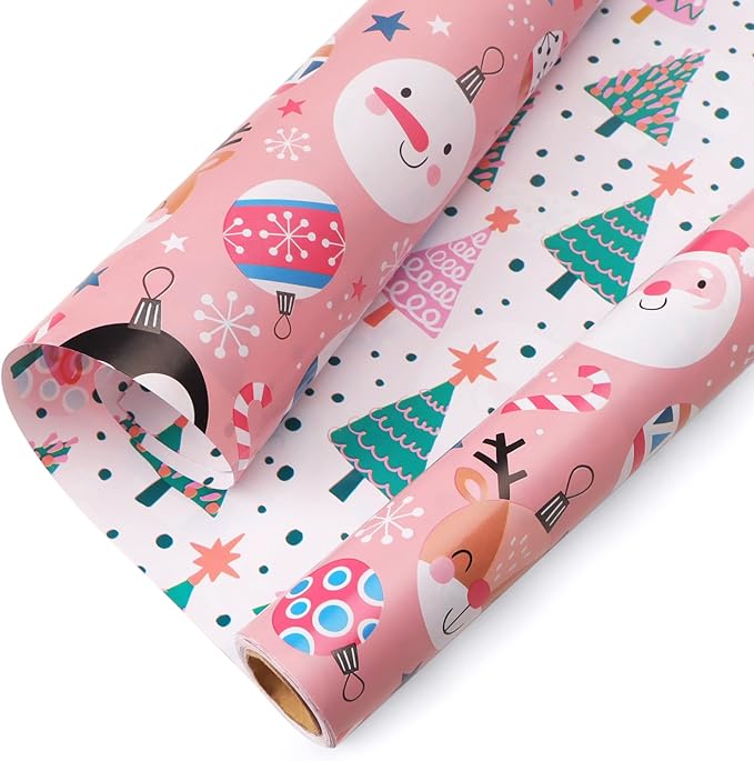 Ribbli Pink Christmas Wrapping Paper Reversible Cute Christmas elements Gift by Ribbli