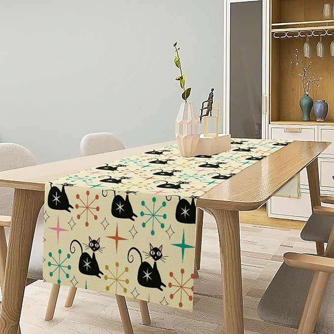 Mid Cat Table Runner, Vintage Black Cat and Atomic Stars 1950s 1960s Abstract - Image 3