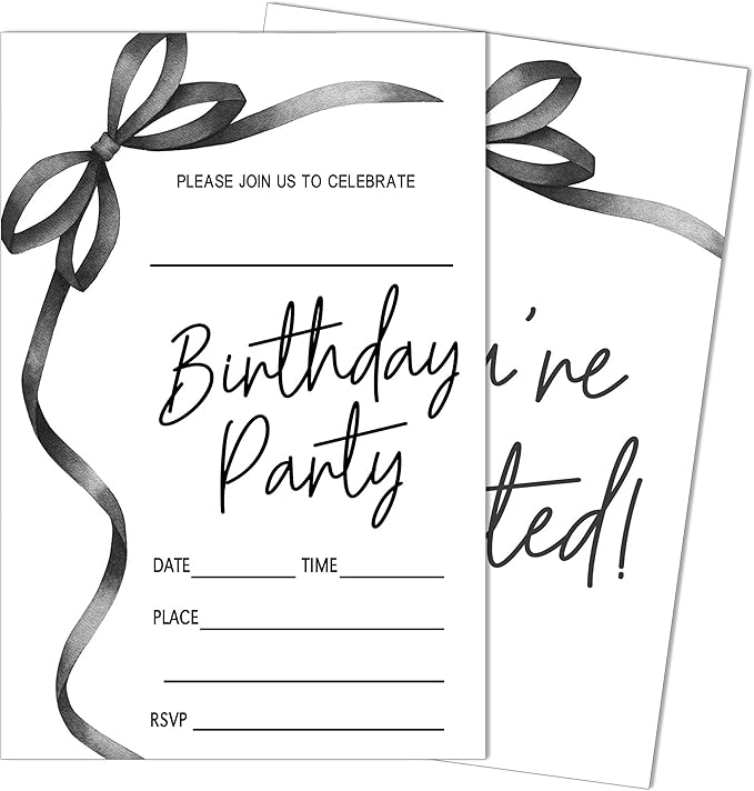 SIXEIGHT Black Bow Birthday Invitations, 20 Party Invitations by SIXEIGHT