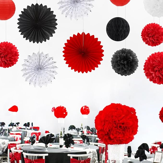 Red-Black White Party-Decorations Paper-Flowers Lanterns - Image 5