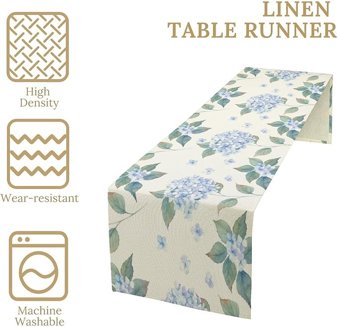 Spring Hydrangea Flower Table Runner, Seasonal Summer Plants Watercolor Blue - Image 4