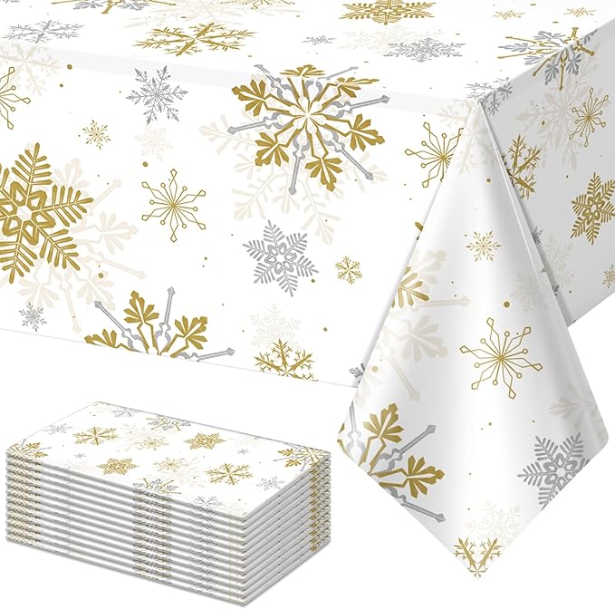 12Pcs Christmas Snowflake Party Tablecloths Decorations, Plastic White and Gold by JectivsPartyDecorations