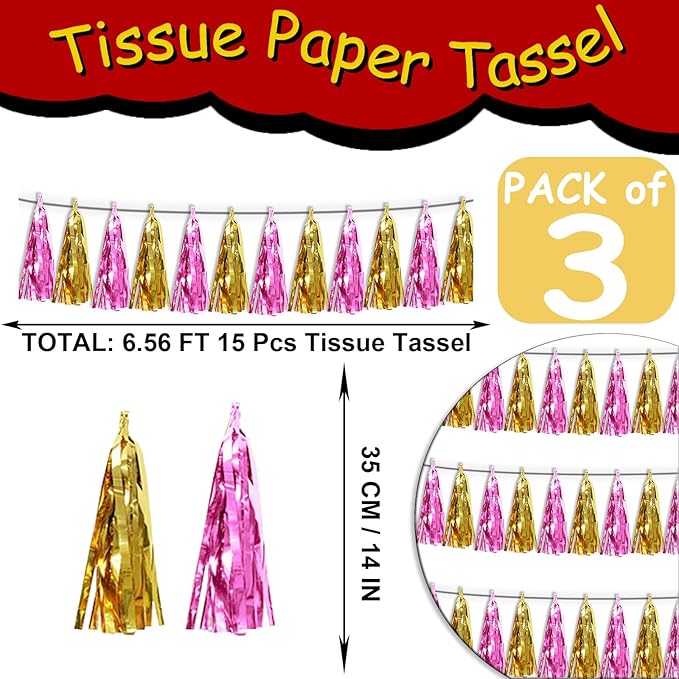 3P Gold Pink Metallic Fringe Tassel Banner Garland Foil Tinsel Streamer Wall - Image 2