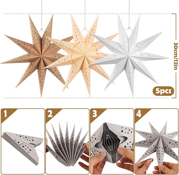 EASY JOY 5pcs 9-Pointed Paper Star Decoration Christmas Party Decorations - Image 2