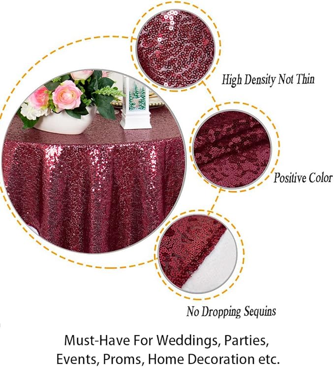 ShinyBeauty Sequin Tablecloth Burgundy Sequin Table Overlay Glitter Table Cover - Image 4