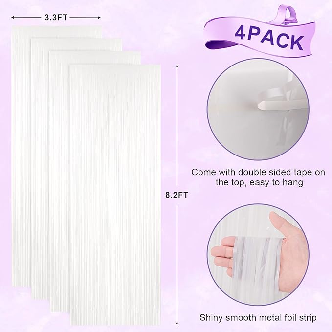4 Pack White Foil Fringe Backdrop Curtains, Tinsel Streamers Birthday Party - Image 3
