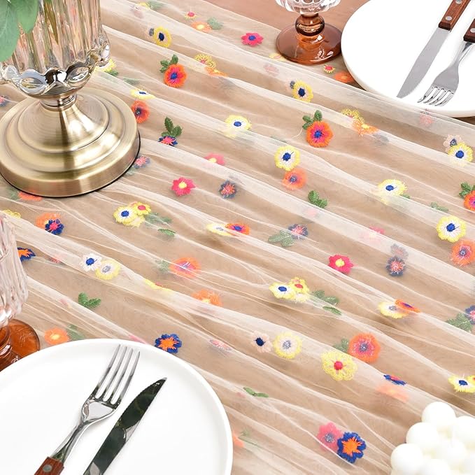 Joanlody Champagne Embroidery Daisy Fall Thanksgiving Table Runner 10ft Florals - Image 5