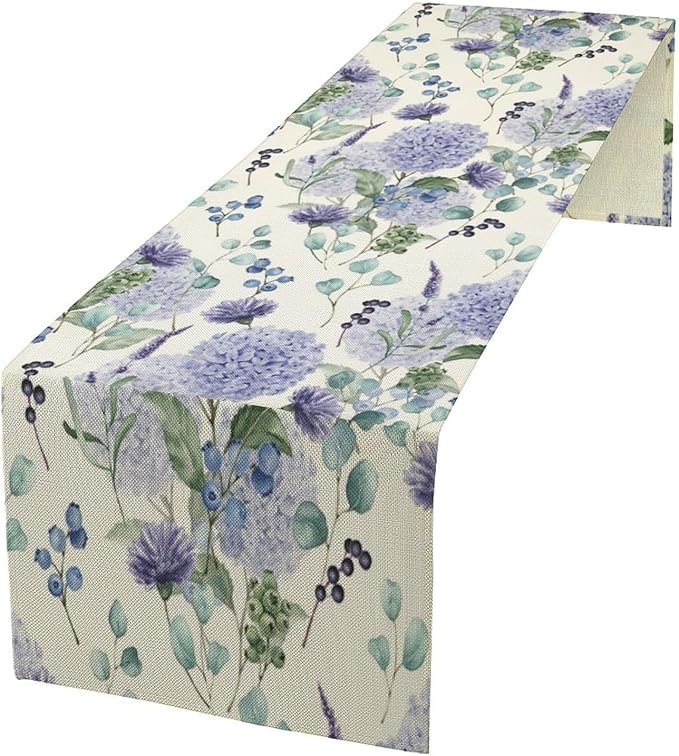 Spring Hydrangea Flower Table Runner, Seasonal Summer Plants Watercolor by SHElifestyle