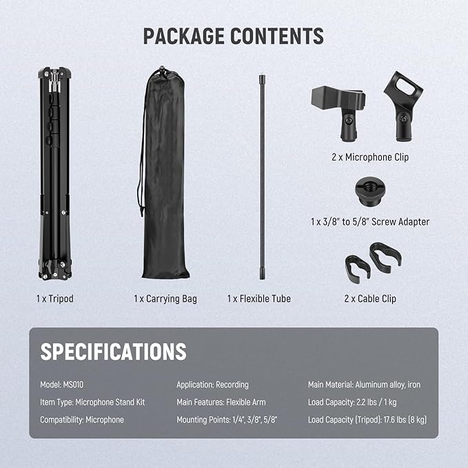NEEWER Microphone Stand with Flexible Arm, Boom Arm Mic Floor Tripod Mount - Image 8