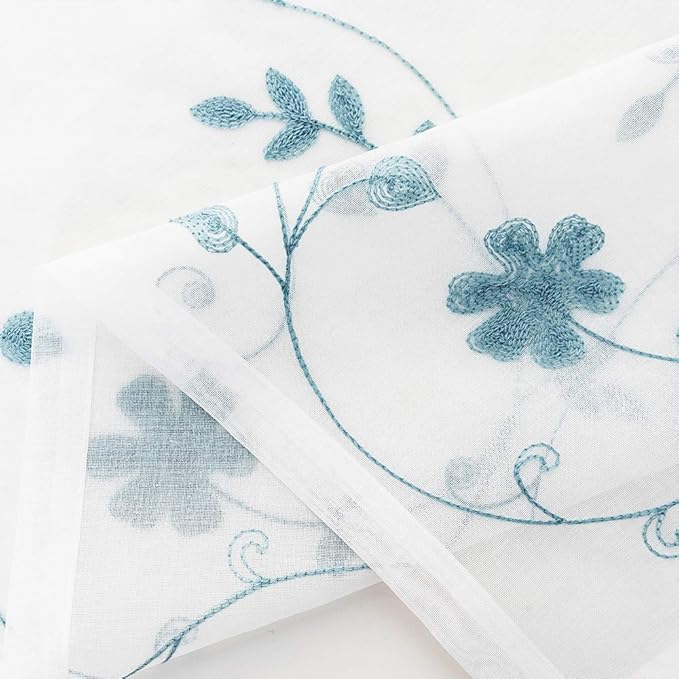 Floral Embroidery Sheer Curtains Blue 63 Inches, Rod Pocket Voile Drapes - Image 4