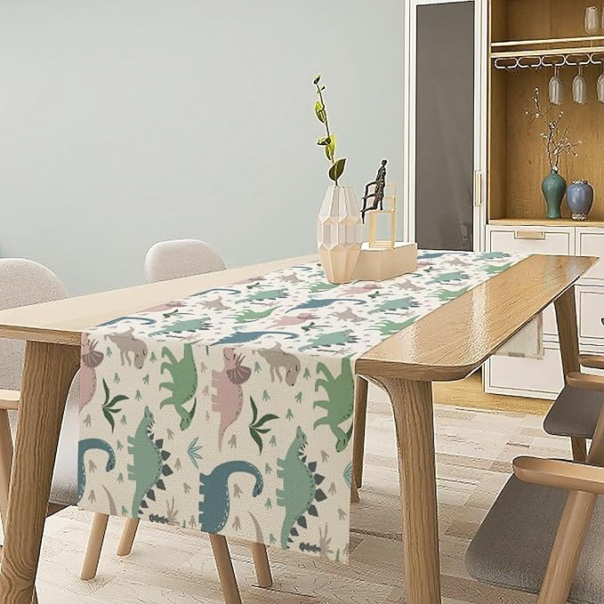 Cartoon Dinosaur Table Runner, Kids Boys Cute Colorful Animal Dino Abstract - Image 6