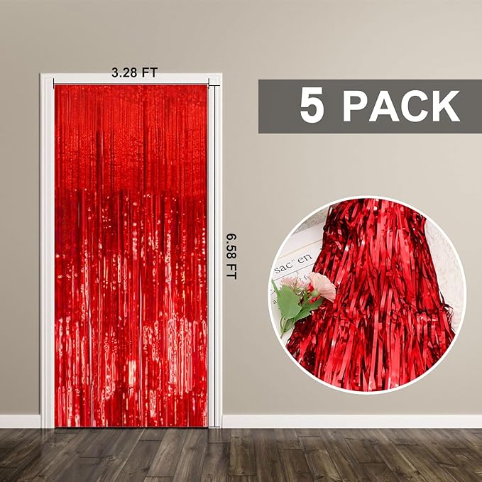 5 Pack Foil Curtain Backdrop Red Metallic Tinsel Foil Fringe Curtains Photo - Image 7