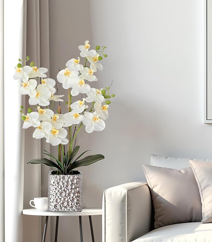 Orchid Artificial Flowers with Sliver Vase Large Silk Faux Phalaenopsis Flowers - Image 3
