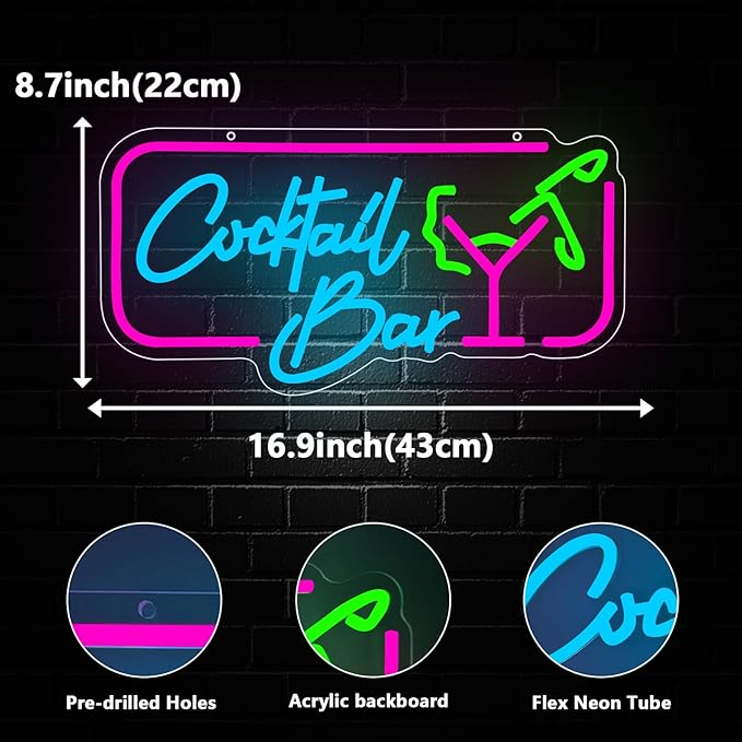 Cocktail Bar Neon Sign, Cocktail Vintage LED Neon Light Signs - Image 3