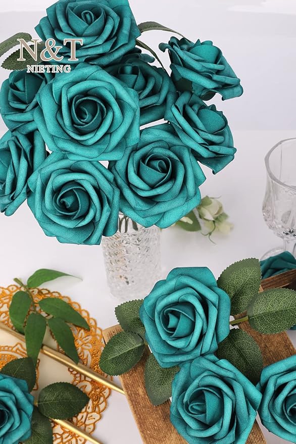 N&T NIETING Artificial Flowers Foam Roses 25 pcs Peacock Green Fake Roses w/Stem - Image 9
