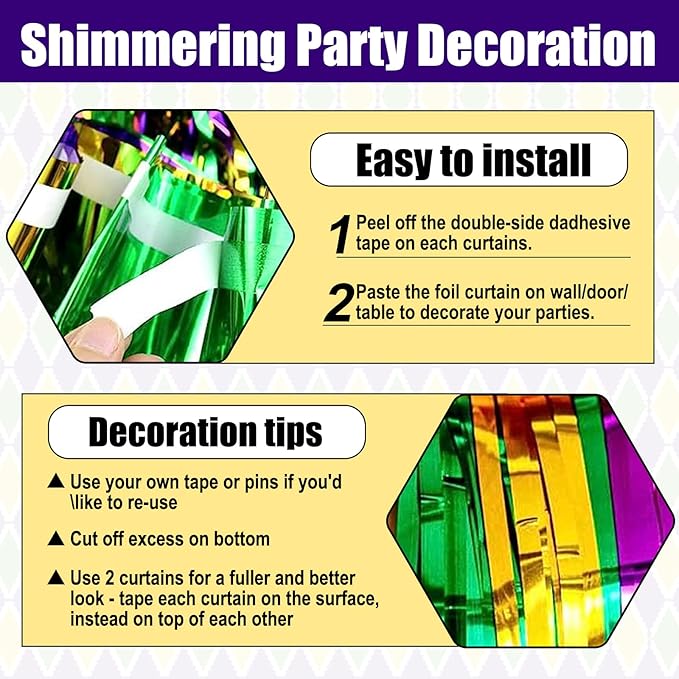 6 Pack Gold Green Purple Foil Fringe Curtain Backdrop, 3.28Ft x 8.2Ft Metallic - Image 3