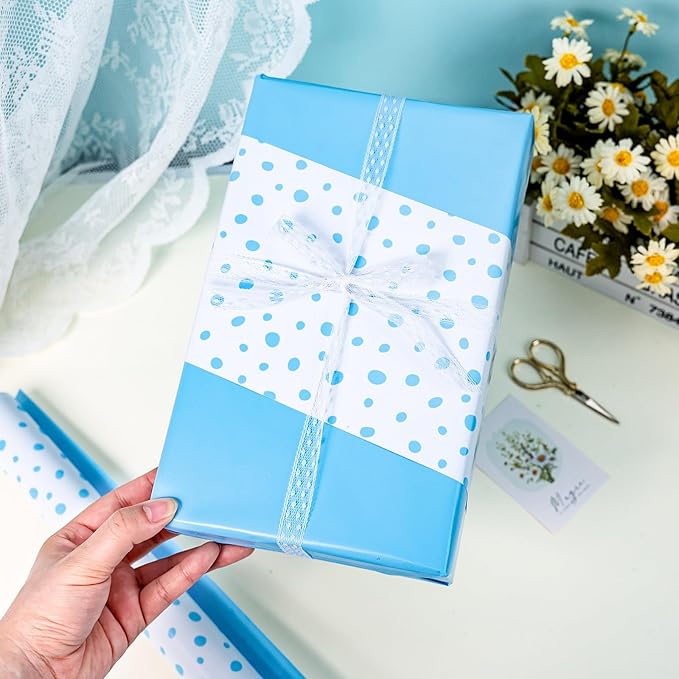 Burymento Blue Lrregular Wave Point Wrapping Paper, Reversible Gold Gift Wrap - Image 5