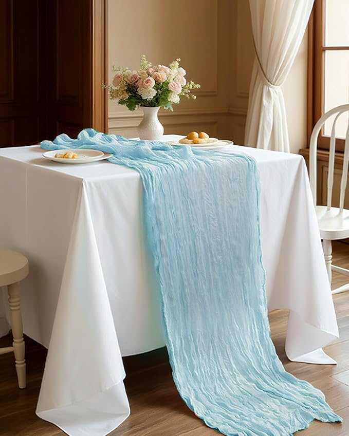 Blue Cheesecloth Table Runner 120 Inch, Light Blue Boho Gauze 10 FT, Rustic - Image 3