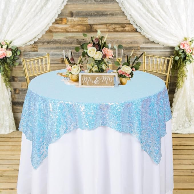 ShinyBeauty Iridescent Aqua Sequin Tablecloth Square Tablecloths Glitter Table by ShinyBeauty