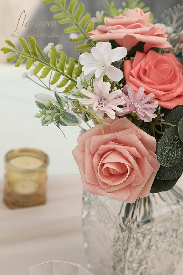 Floroom Artificial Flowers 25pcs Real Looking Coral Ombre Colors Foam Fake Roses - Image 5