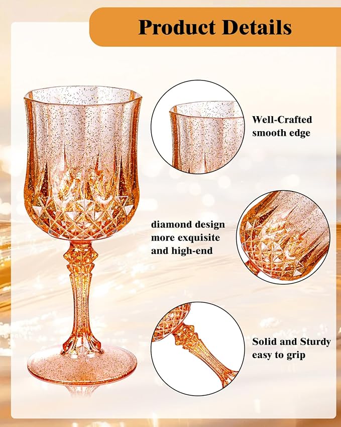 Ciaell 24PCS Rose Gold with Glitter Plastic Wine Glasses - 7 Oz Vintage - Image 5