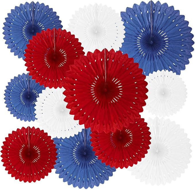 18 Pcs Red White Blue Hanging Paper Fan, Hanging Honeycomb Round Paper Fans by Zankubom