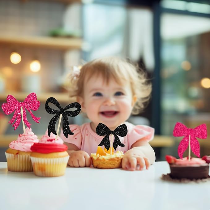 Gyufise 36Pcs Bow Cupcake Toppers Glitter Bowknot Cupcake Picks Bow Tie - Image 5