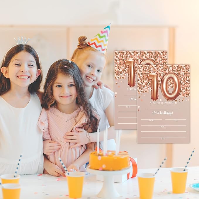10th Birthday Invitation Cards, Rose Gold Glitter 10th Birthday Party Invites - Image 5