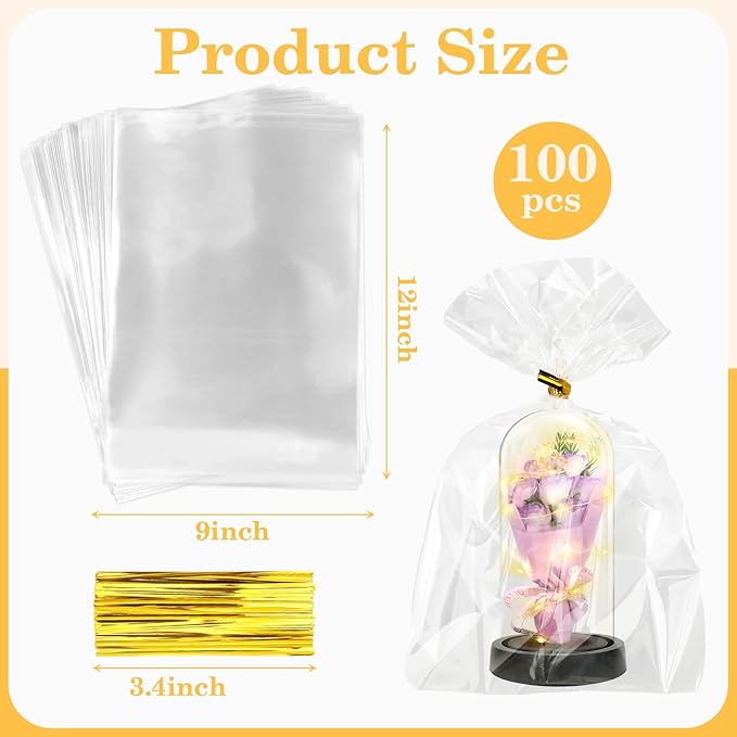 100 PCS Cellophane Treat Bags, Cidenbio 9x12 In Clear Cellophane Gift Bags - Image 3