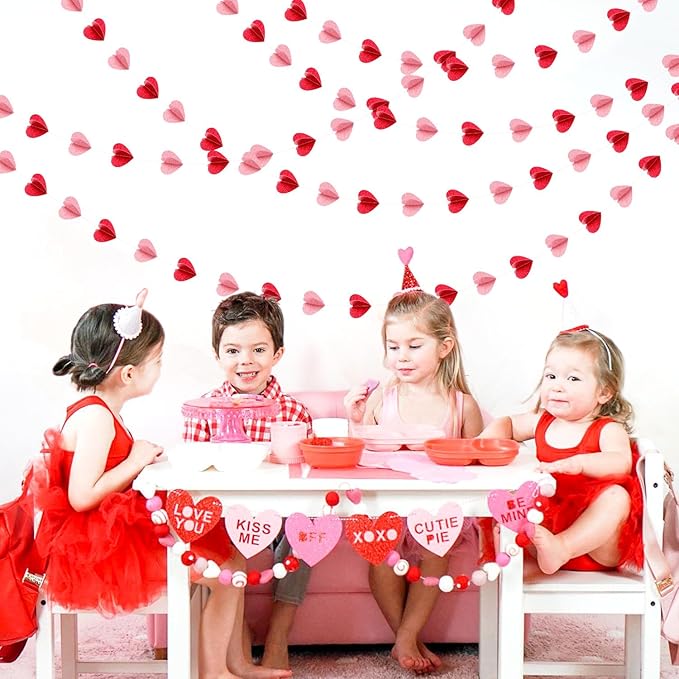 Red Pink Party-Decorations 3D-Heart Garland - 40ft Galentines Streamers Paper - Image 5