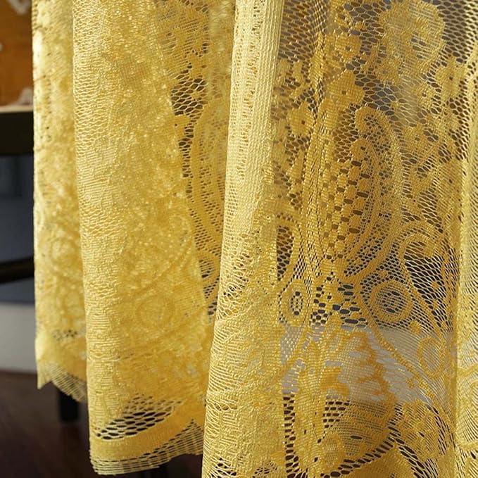 Vintage 60 inch Yellow Lace Tablecloth Floral Embroidered Boho Shabby Chic - Image 5