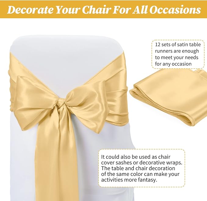 12 Pack Champagne Gold Satin Table Runner, 12 x 108 inch Long Premium Smooth - Image 7