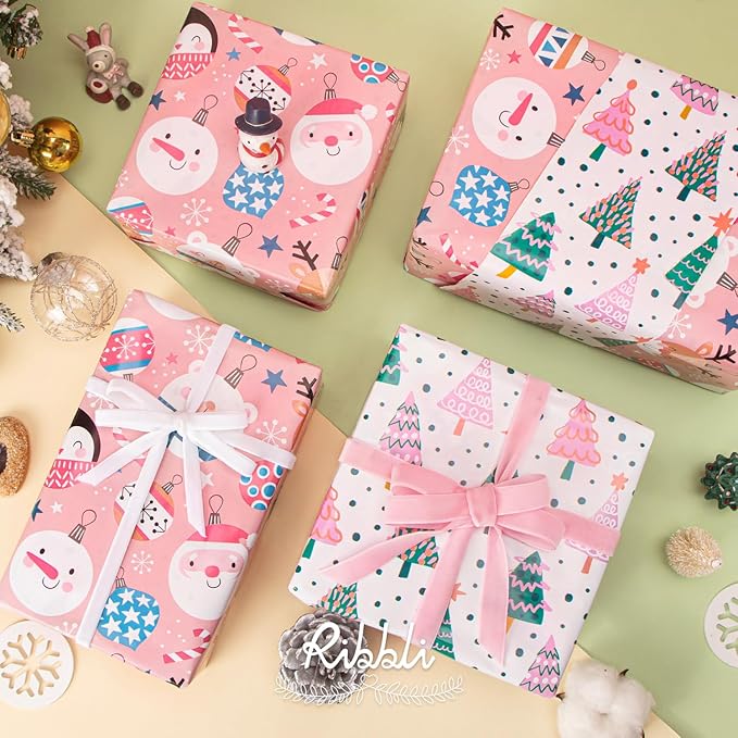 Ribbli Pink Christmas Wrapping Paper Reversible Cute Christmas elements Gift - Image 5
