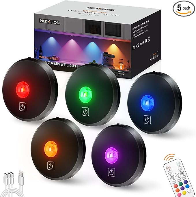 RGB Puck Lights with Remote Control, 2000mAh Rechargeable Stick on Led Lights by MEKKLEON