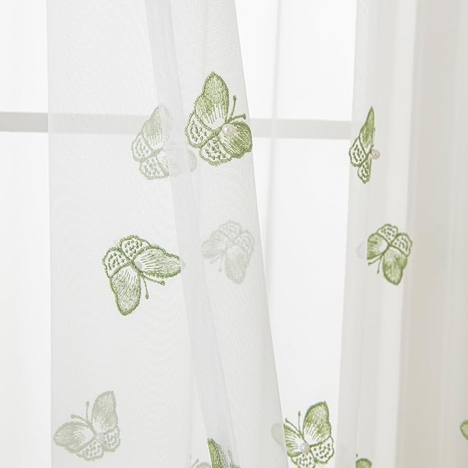VISIONTEX White Sheer Voile Curtains, Decorative Green Embossed Butterflies Rod - Image 4