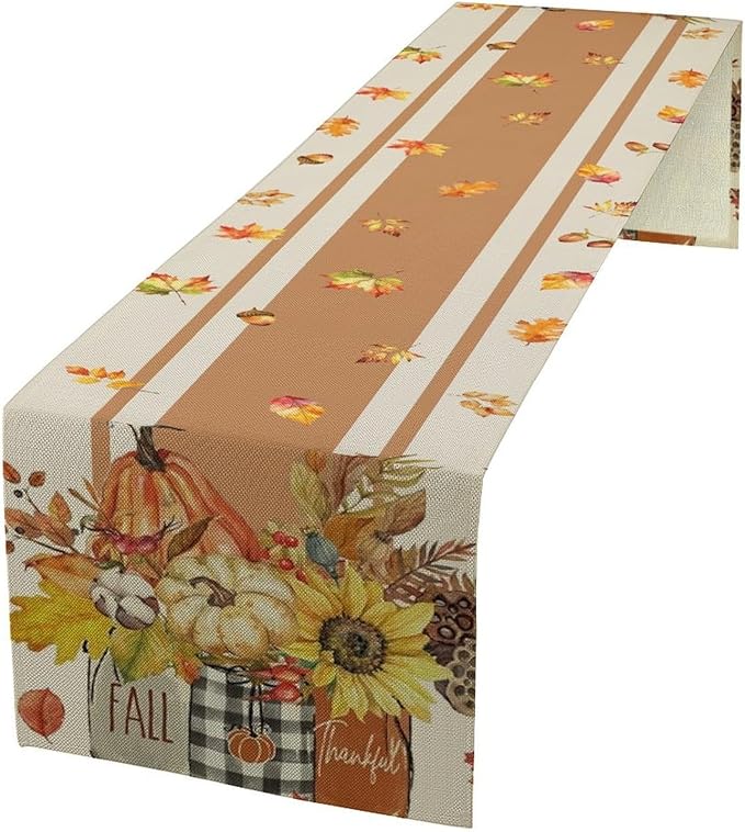 Autumn Table Runner, Thanksgiving Fall Pumpkin Leaves Floral Table Cloth by Unknown