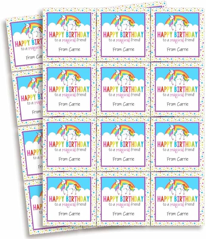 Custom & Personalized Rainbow Unicorn Happy Birthday Gift Tag Sticker Labels - Image 2