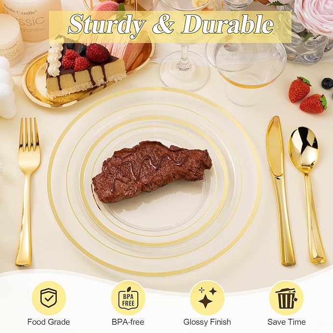 200PCS Clear Gold Plastic Plates Set, 100 10.25 inch Dinner Plates and 100 7.5 - Image 4