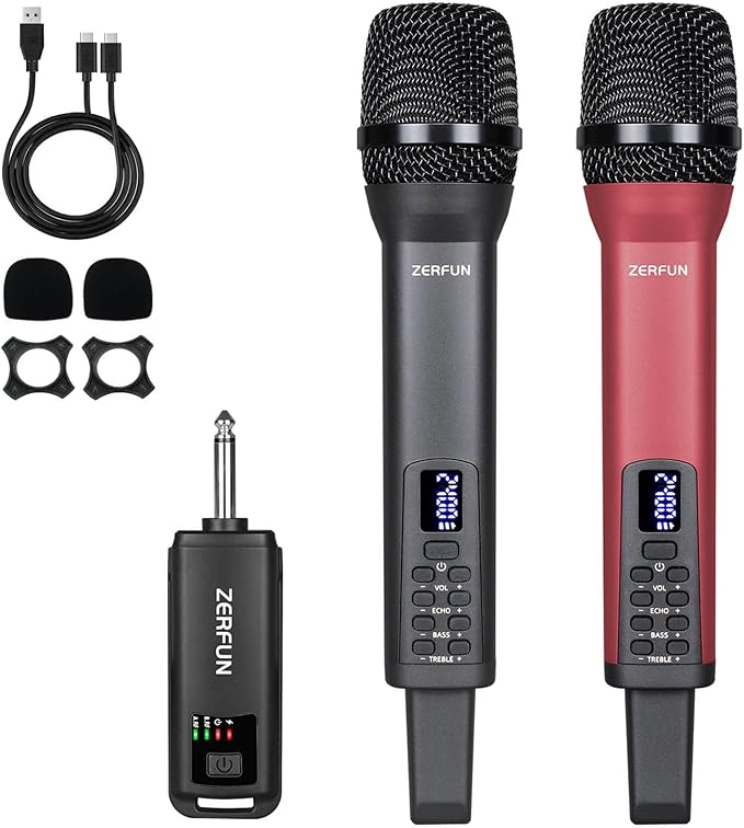 Dual Rechargeable Wireless Microphones, Pro Handheld Cordless Mics System by ZERFUN
