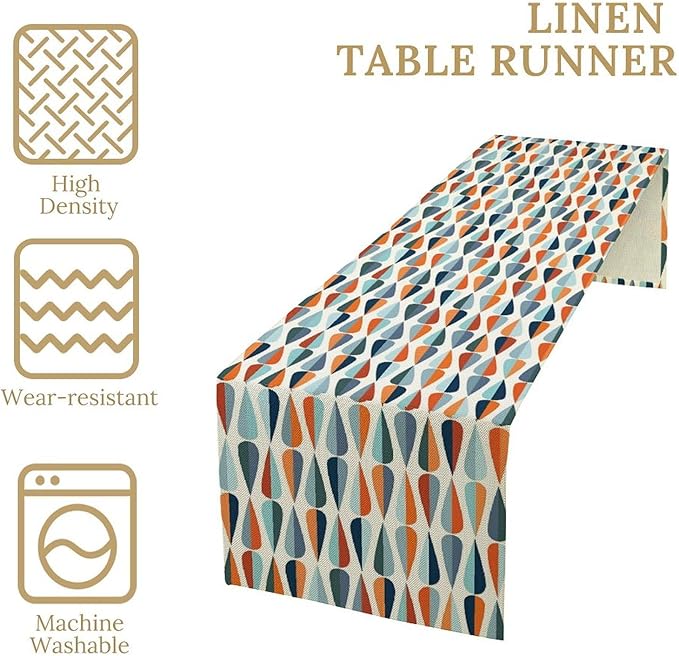 Mid Century Table Runner, Modern Style Retro Pattern Droplet Shapes Mosaic - Image 5