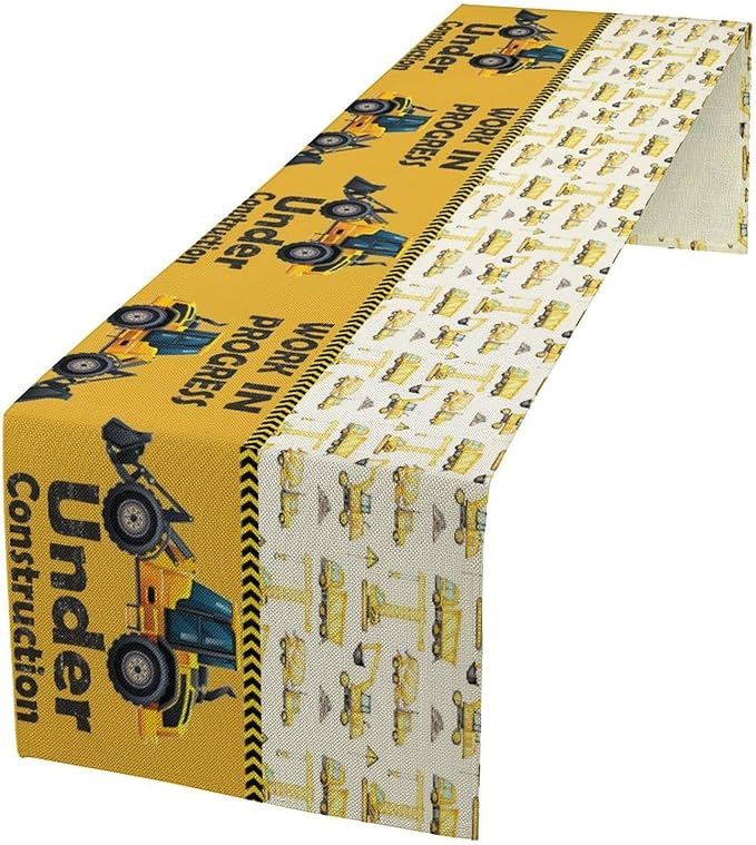 Cartoon Car Table Runner, Boys Kids Construction Vehicles Truck Yellow Print by Kurtect