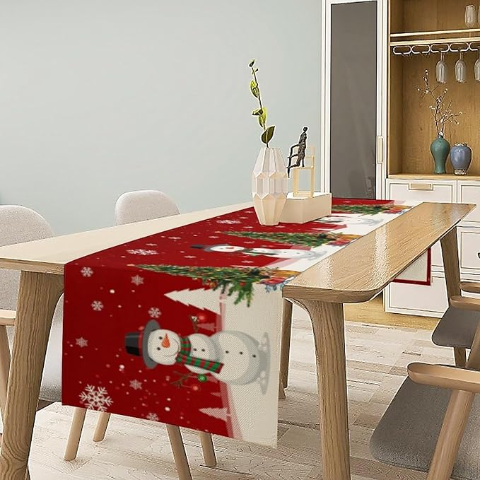 Christmas Table Runner, Snowman Rustic Red Snowflake Winter Table Cloth Kitchen - Image 2