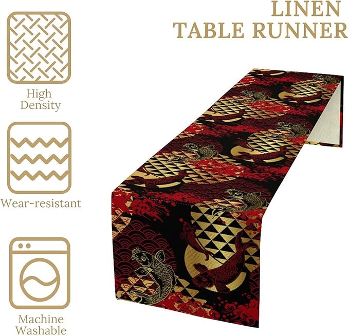 Japanese Table Runner Oriental Tradition Kio Fish Red Art Printed Burlap Runner - Image 3
