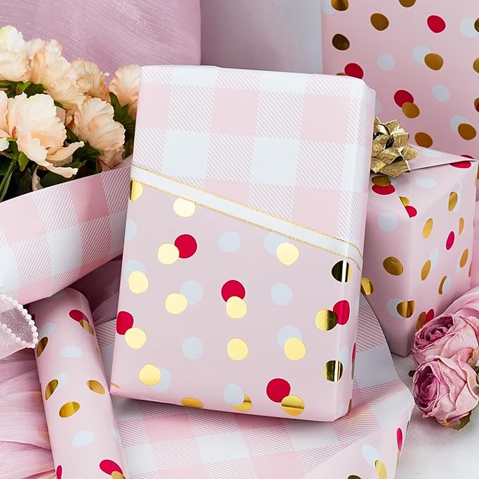 Burymento Red Gold Dots Wrapping Paper, Reversible Pink Lattice Design Gift Wrap - Image 5