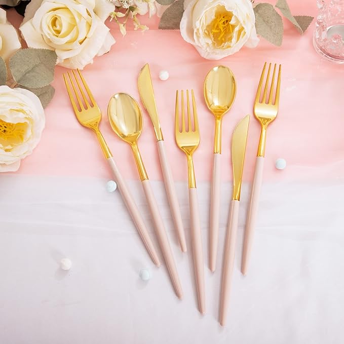 Rubtlamp 90Pcs Gold Plastic Silverware, 60 Plastic Forks and Spoons - Image 3