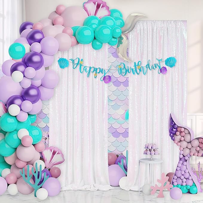 White Iridescent Sequin Backdrop 2 Panels 2FTx8FT Unicorn Backdrop Curtains - Image 2