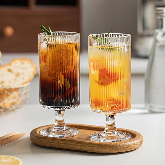 INSETLAN Set of 4 Ribbed Glass Goblets – 12oz Vertical Stripe Stemmed Glassware - Image 5