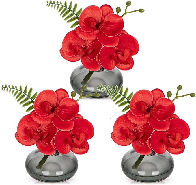 Red Orchids Artificial Flowers Faux Orchids Arrangement in Black Glass Vases by Oairse