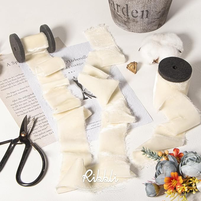 Ribbli Ivory Velvet Ribbon 1.5 Inch Handmade Frayed Vintage Christmas Ribbon - Image 2