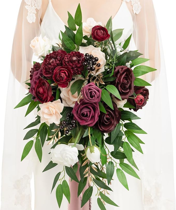 Ling's moment Burgundy Bridal Bouquet Cascading, Marsala Wedding Bouquets by LingsMoment